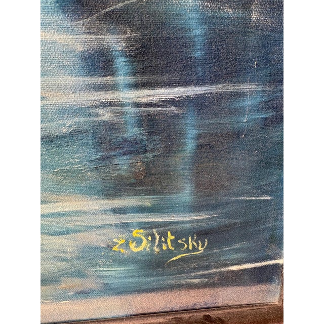 This striking vintage oil painting captures a serene yet dramatic harbor scene, featuring moored wooden boats drifting in...