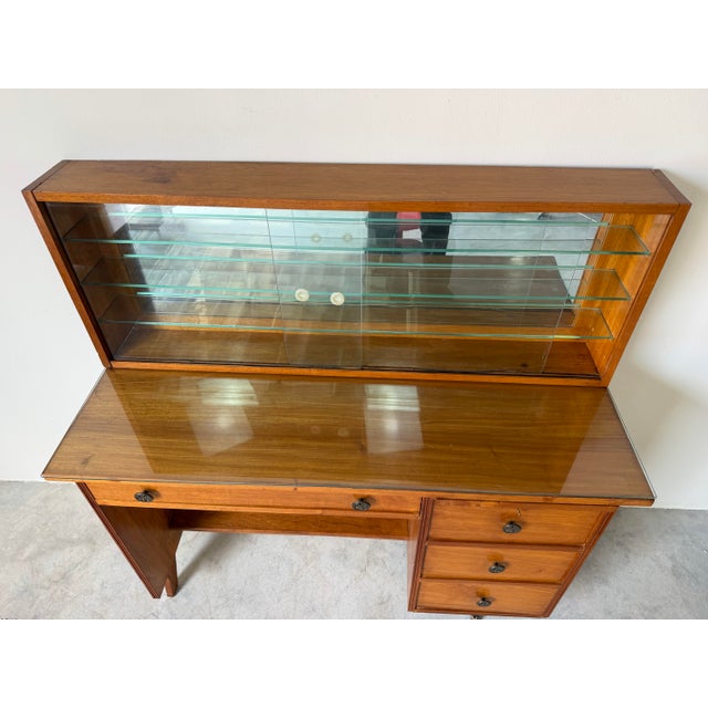 1950’s Mid-Century Modern Solid Wood Desk With Glass Top and Wall Mounted Display Shelf For Sale - Image 12 of 12
