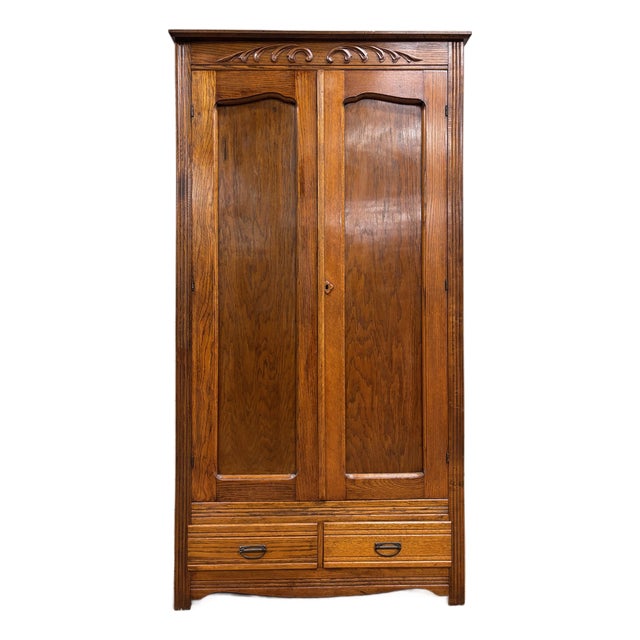 Antique Tiger Oak Carved Victorian Armoire Wardrobe Closet For Sale