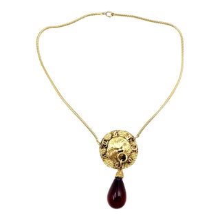 Chanel Rare Vintage Gold Plated CC Lion Red Tear Drop Necklace For Sale