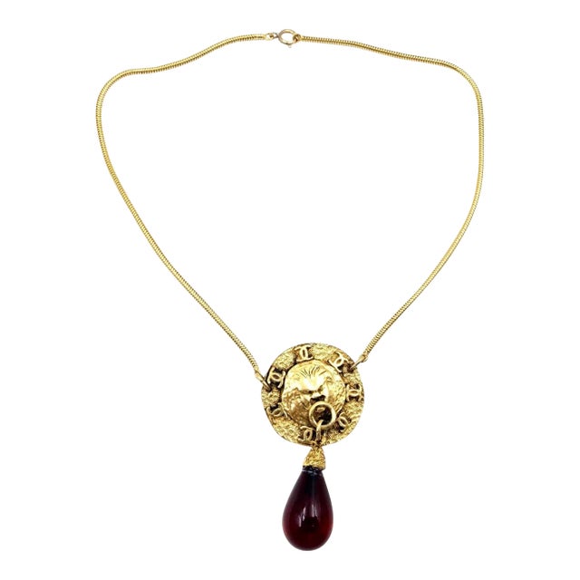 Chanel Rare Vintage Gold Plated CC Lion Red Tear Drop Necklace For Sale