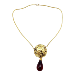 Chanel Rare Vintage Gold Plated CC Lion Red Tear Drop Necklace