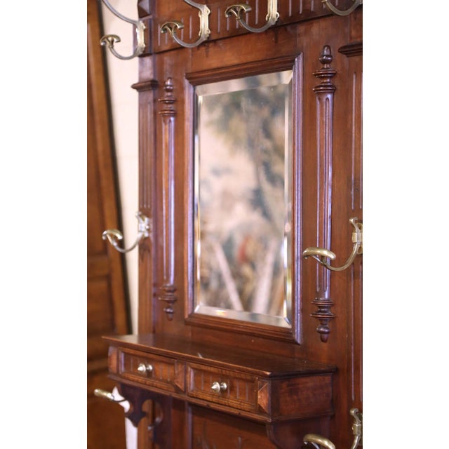 Brown 19th Century French Carved Walnut Halltree With Mirror and Brass Hooks For Sale - Image 8 of 12