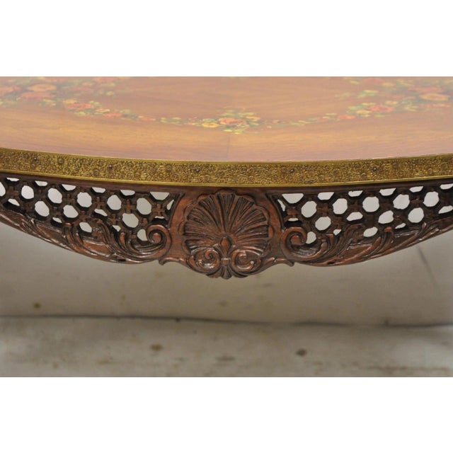 Early 20th Century Vintage French Louis XV Style Walnut Coffee Table With Hand Painted Floral Top For Sale - Image 5 of 12