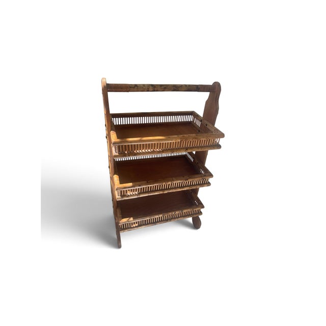 Mid-20th Century Vintage Burnt Bamboo 3-Tier Standing Butler Caddy / Bar Cart. It features a unique "tortoiseshell" or...
