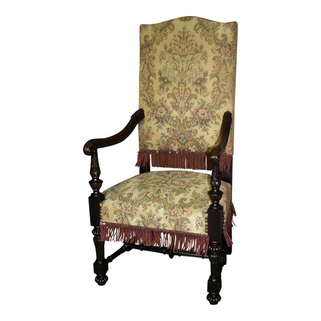 Antique Tudor Style Carved Oak High Back Chair W/Fringe & Stretcher Base For Sale