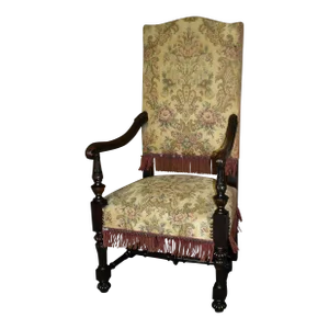 Antique Tudor Style Carved Oak High Back Chair W/Fringe & Stretcher Base
