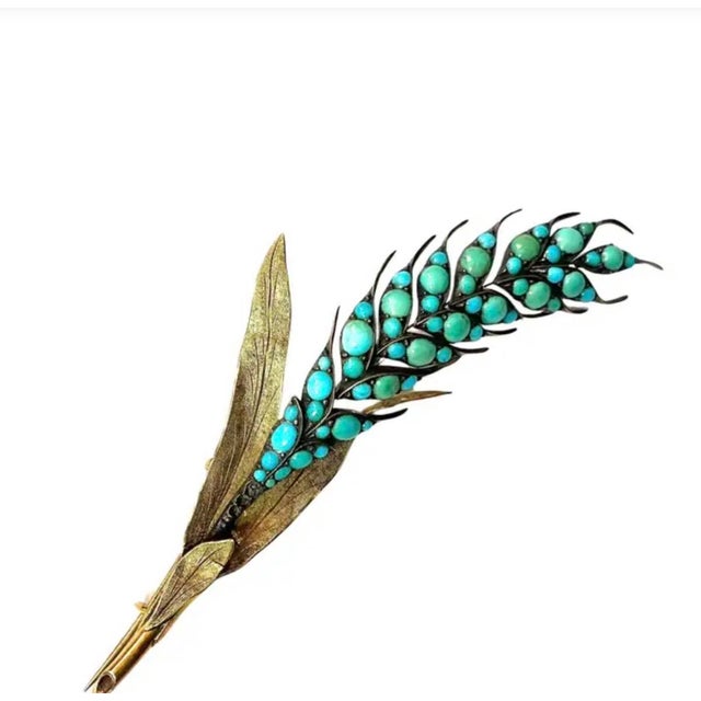 Turquoise Vintage 14k Gold Turquoise Leaf-Form Brooch, Mid-20th Century, 11.19g For Sale - Image 8 of 8
