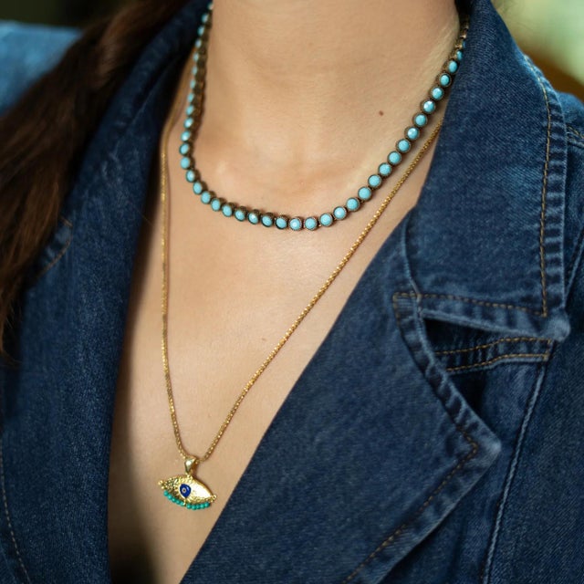 Early 21st Century Spiritual Aura Turquoise Evil Eye Gold Necklace For Sale - Image 5 of 11