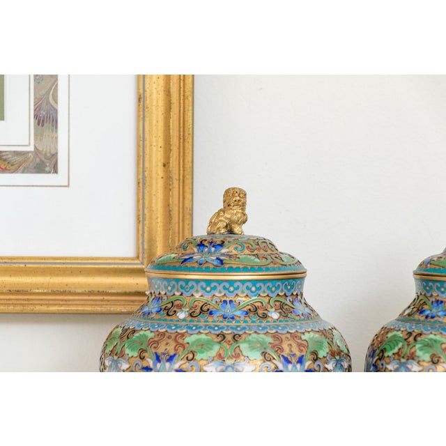 Chinese Antique Chinese Cloisonné and Gilded Bronze Covered Ginger Jars—A Pair For Sale - Image 3 of 7