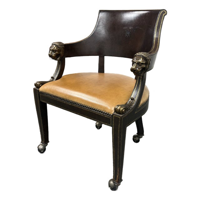 Maitland-Smith Neoclassical Lion Head Armchair + Casters For Sale