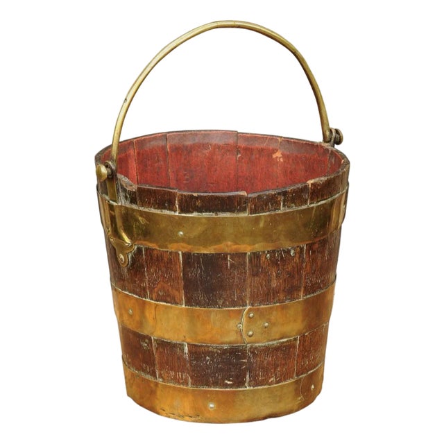 English Oak Bucket with Brass Handle and Horizontal Braces, circa 1880 For Sale