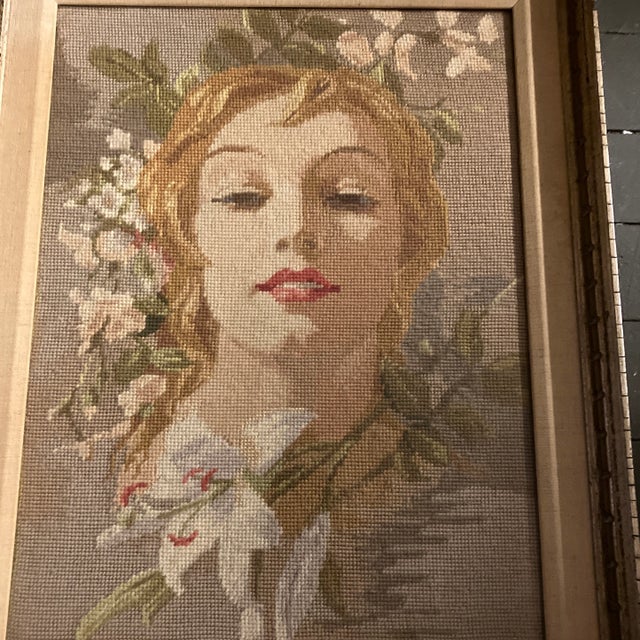 Great hand done needlepoint picture 15 x 19 overall size with original frame with wide aged linen liner is 19 x 23