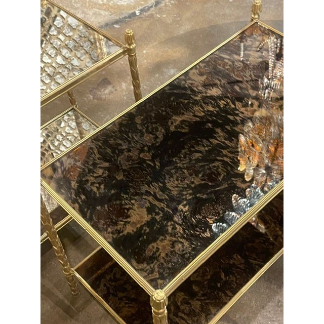Metal Italian Gilt Bronze Bagues Manner Side Tables With Eglomise’ Mirror Tops For Sale - Image 7 of 7