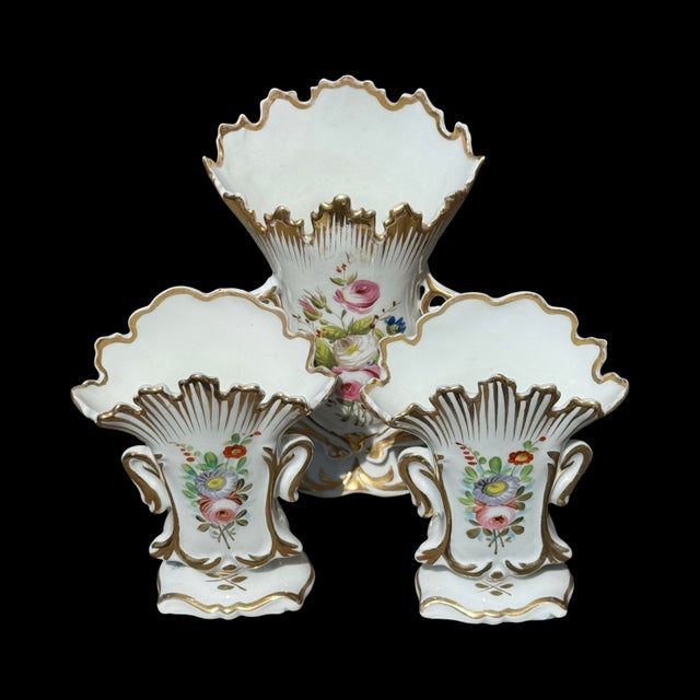 Ceramic Antique French Paris Porcelain Ruffled Bridal Spill Vases With Hand-Painted Florals & Gold, Set of 3 For Sale - Image 7 of 10