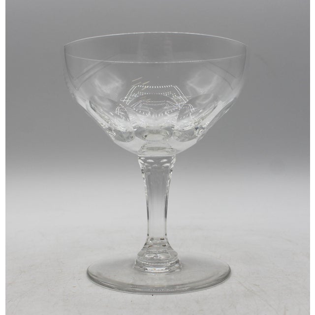 Set of ten Val. St. Lambert Riviera pattern champagne coupes, 1961-1982, Belgium. Hand blown & cut with panelled bowls &...