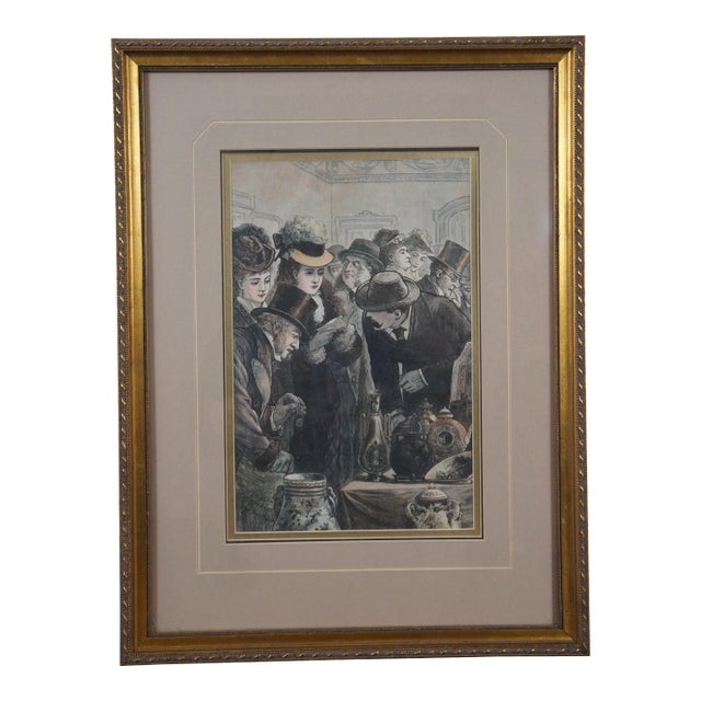 Antique Victorian Colored Engraving Auction Bric-A-Brac Centennial Exhibition For Sale