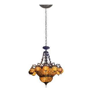 Grand Venetian-Style Tiered Amber Glass Flower Rosette & Cast Metal Chandelier (48” H X 36” W) For Sale
