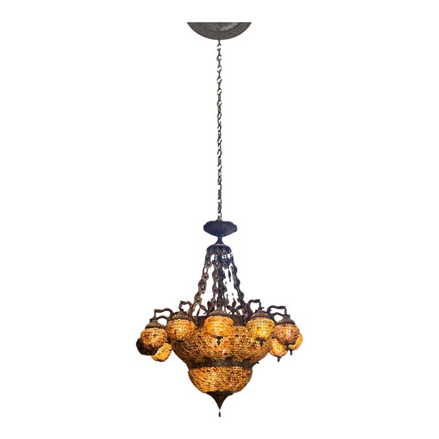 Grand Venetian-Style Tiered Amber Glass Flower Rosette & Cast Metal Chandelier (48” H X 36” W) For Sale
