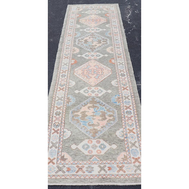 Turkish Oushak Runner in Soft Coral, Slate Gray, and Ivory With Geometric Design For Sale - Image 4 of 13