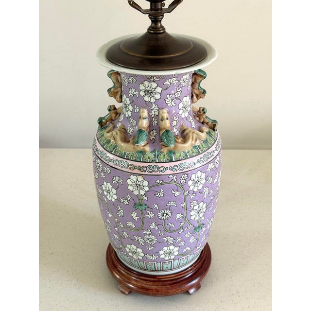 Lavender Vintage Chinese Porcelain Floral Lamp With Dragon Relief For Sale - Image 8 of 12