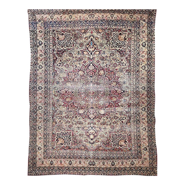 19th Century Oversized Persian Kerman Lavar Rug, Hand-Knotted Wool, Floral Pattern, Ivory & Burgundy, 11’ X 16’ For Sale