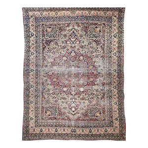 19th Century Oversized Persian Kerman Lavar Rug, Hand-Knotted Wool, Floral Pattern, Ivory & Burgundy, 11’ X 16’
