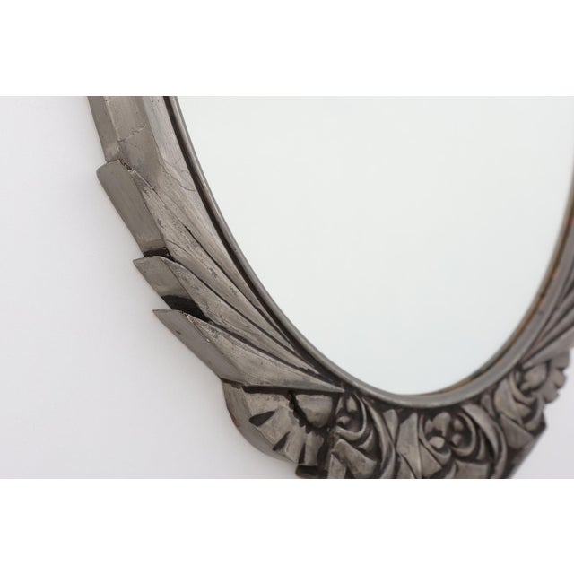 Art Deco French Oval Mirror with Carved Roses and Silver-Painted Frame, 1920s For Sale - Image 6 of 11