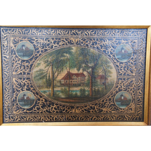 Vintage Tole Hand Painted Woodland Cottage Landscape Framed Metal Toleware 47" For Sale - Image 6 of 12