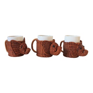 Late 20th Century Vintage Wicker Elephant Cup Holders W/ Ceramic Inserts - Set of 3 For Sale
