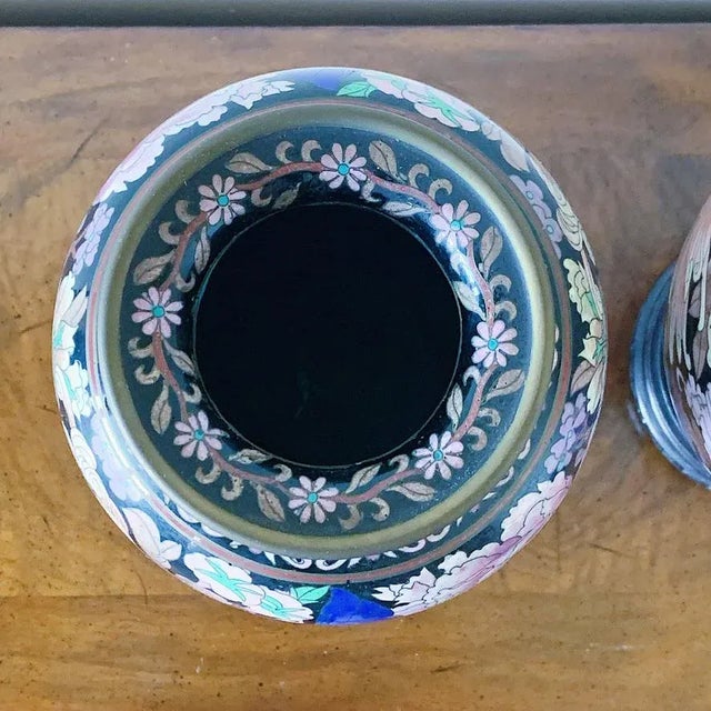 Late 19th Century Chinese Cloisonné Vase of Peonies and Butterflies on Black of Pink Blue Purple Enamel and Brass - a Pair For Sale In Los Angeles - Image 6 of 7