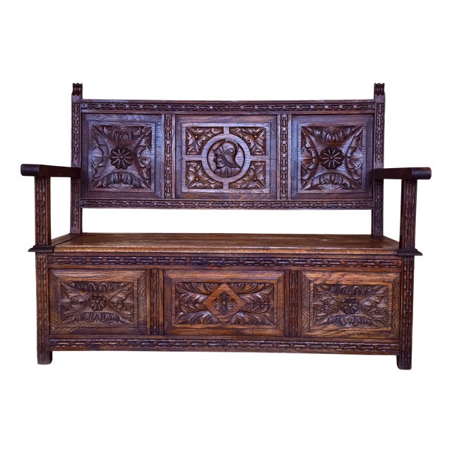 Large Spanish Carved Hall Bench with Storage, 1890s For Sale
