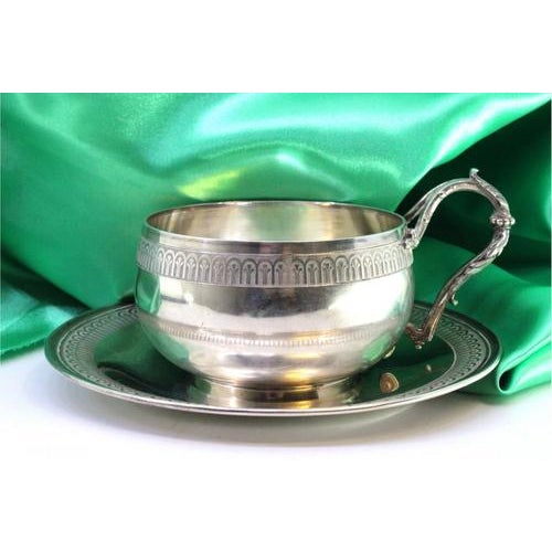 Silver Cup and Saucer with Raised Borders and Cut-Out Handle, Set of 2 For Sale - Image 6 of 7