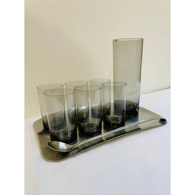 Mid-Century Modern Cocktail Set Jug and Mug in Smoked Glass by Cromargan Günter Kupetz Design for WMF, 1959, Set of 9 For Sale - Image 7 of 10