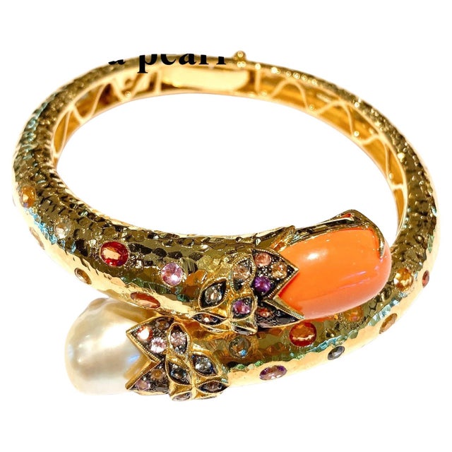 Bochic “Orient” Vintage Multi-Color Sapphire & South Sea Pearl Earrings & Bangle Suite Set in 18 K Gold & Silver An...