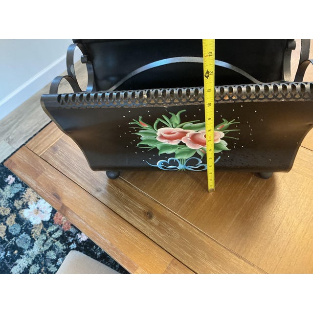 Ebony Vintage Hand-Painted Floral Tôleware Magazine Rack With Reticulated Trim For Sale - Image 8 of 9