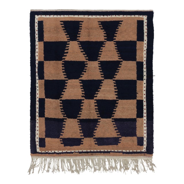 Vintage Turkish Tulu Rug, Blue and Brown Geometric Pattern - Rug & Kilim For Sale