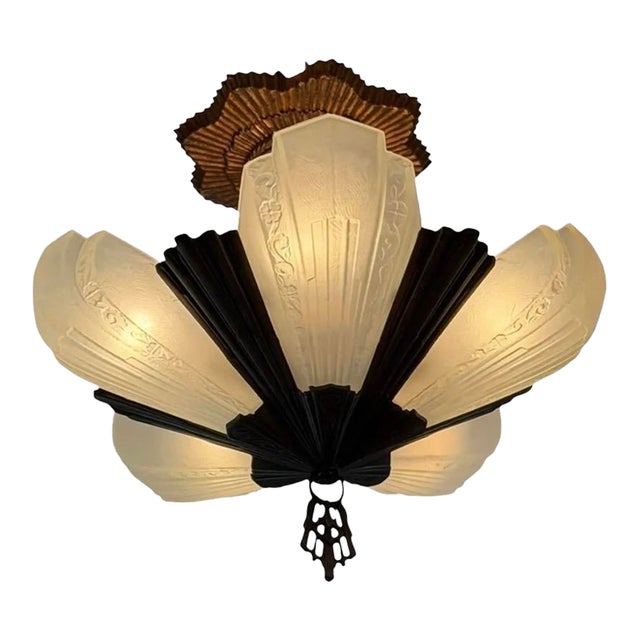 1910s Art Deco Fan Style Chandelier With Copper Starburst Canopy For Sale