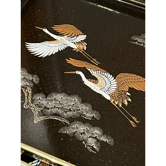 Set of 3 Mid 20th Century Japanese Maki Style Black Lacquer Effect Resin Two Trays Gold Painted Cranes For Sale - Image 9 of 13