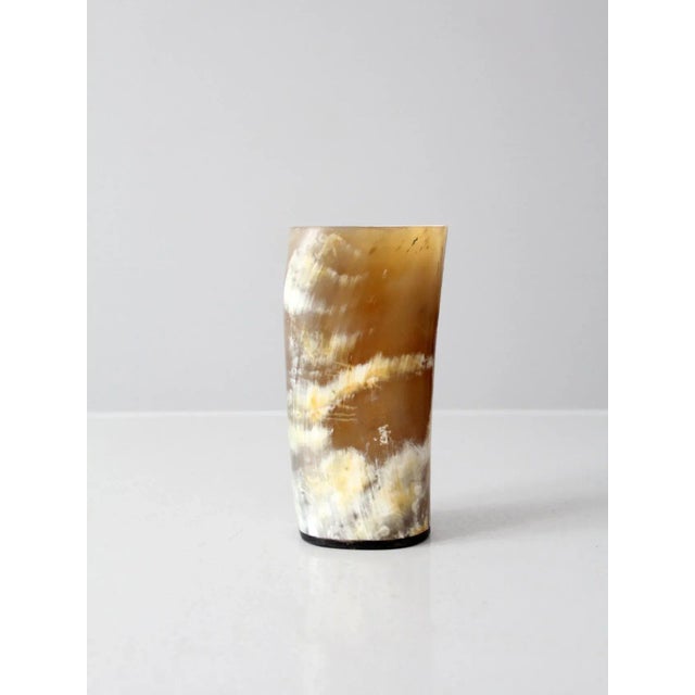 A rustic vintage decorative vase fashioned from a naturally shaped cow horn. The organic form and naturally varied...