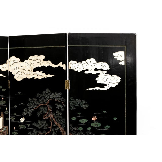 Black Early 20th Century Chinese Four-Panel Lacquered and Painted Screen For Sale - Image 8 of 13