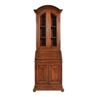 Guido Zichele Style Italian Provincial Carved Walnut Drop Front Secretary Desk With Lighted Bookcase Hutch, Circa 1970s For Sale
