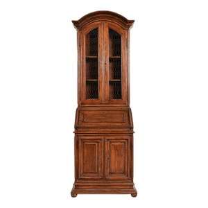 Guido Zichele Style Italian Provincial Carved Walnut Drop Front Secretary Desk With Lighted Bookcase Hutch, Circa 1970s