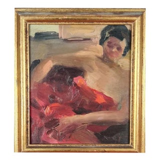Impressionist Portrait of a Woman in Red Dress, Oil Painting, Framed For Sale