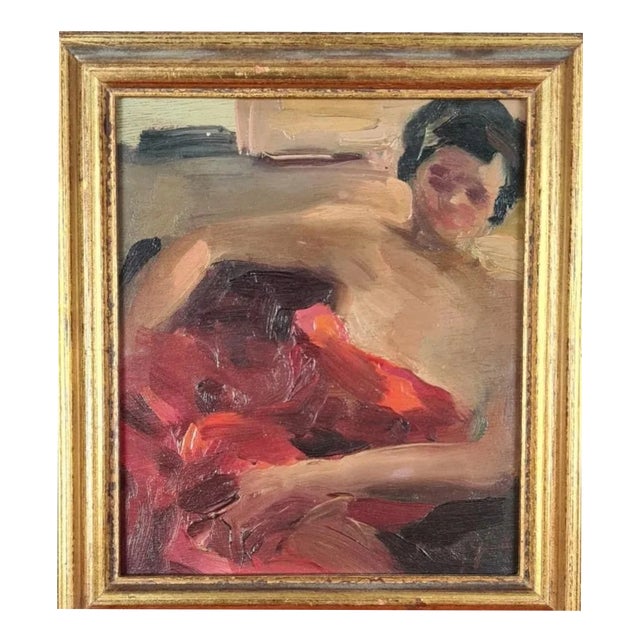 Impressionist Portrait of a Woman in Red Dress, Oil Painting, Framed For Sale