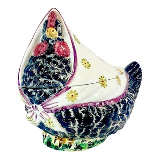 1950s Vintage French Farmhouse Trompe L’Oeil Chicken Soup Tureen With Head Scarf For Sale