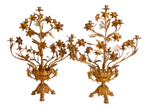 French Church Candelabra in Gold Bronze and Brass White Opaline Glass Flowers, 1890s, Set of 2