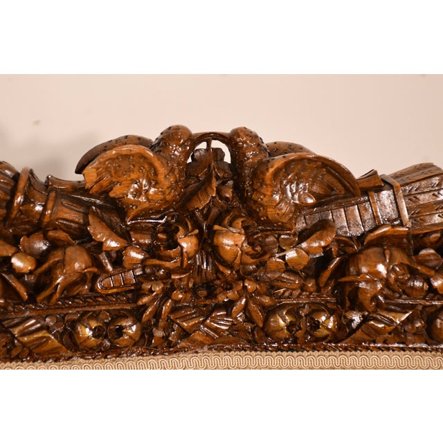 1920s Antique French Carved Walnut Spring-Seat Loveseat Sofa New Upholstery For Sale - Image 6 of 17