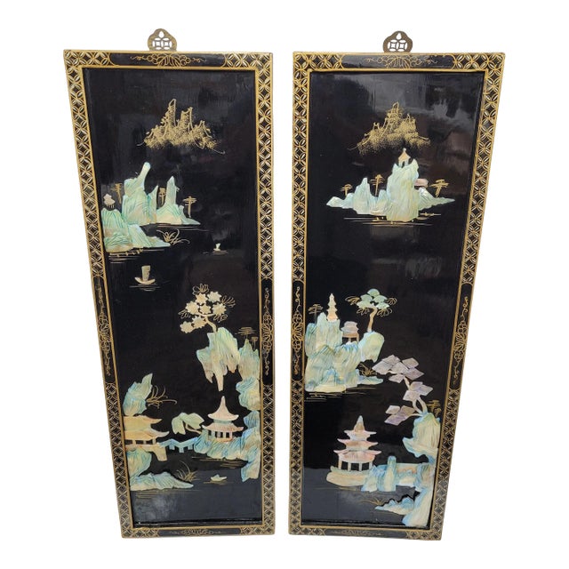 Vintage Asian Hanging Wood & Black Lacquer Framed Wall Art - a Pair For Sale