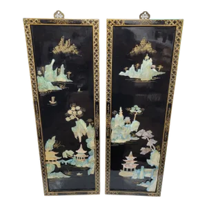 Vintage Asian Hanging Wood & Black Lacquer Framed Wall Art - a Pair